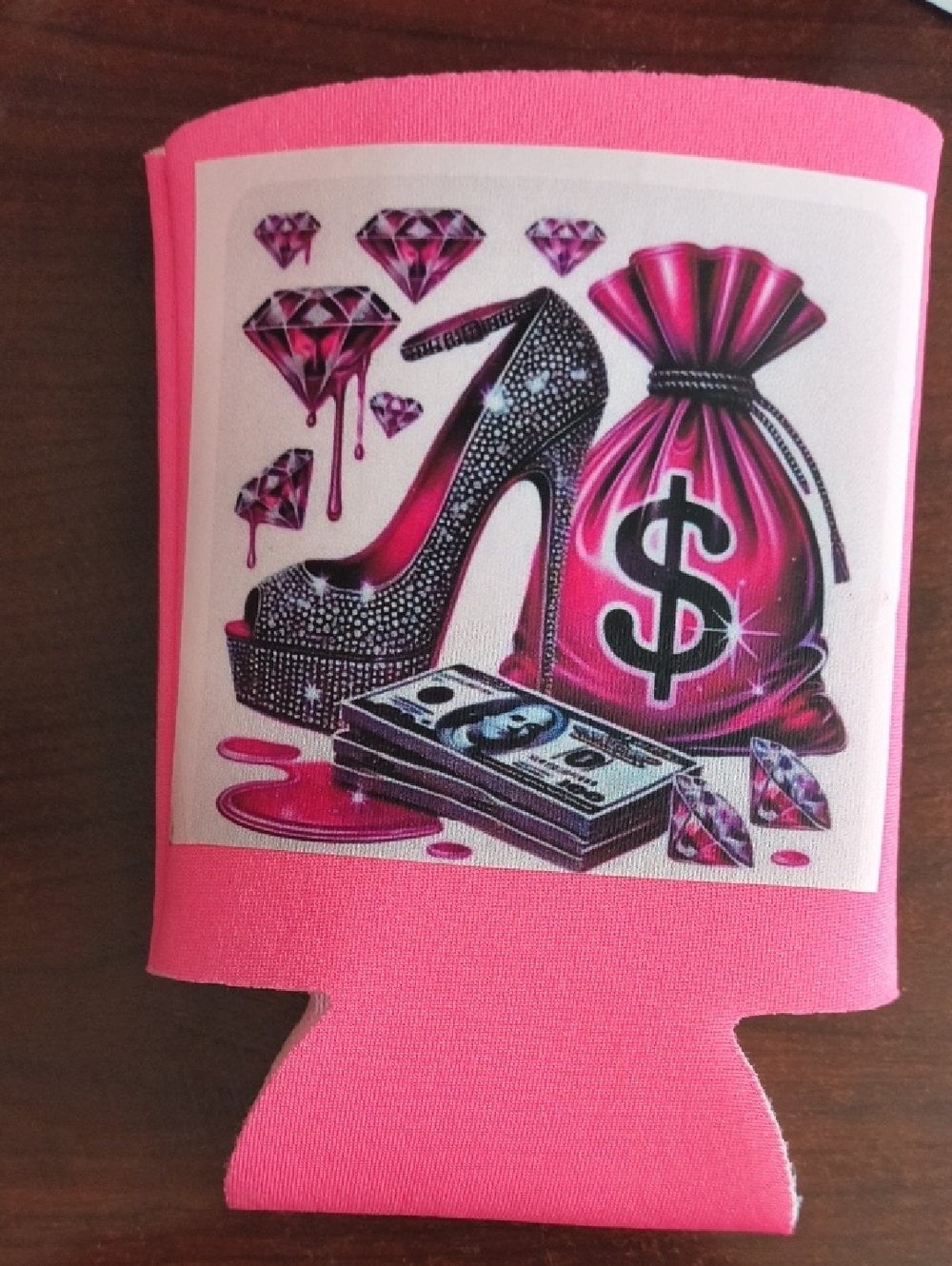 Pink High Heel & Money Graphic Can Cooler - Women's Accessory